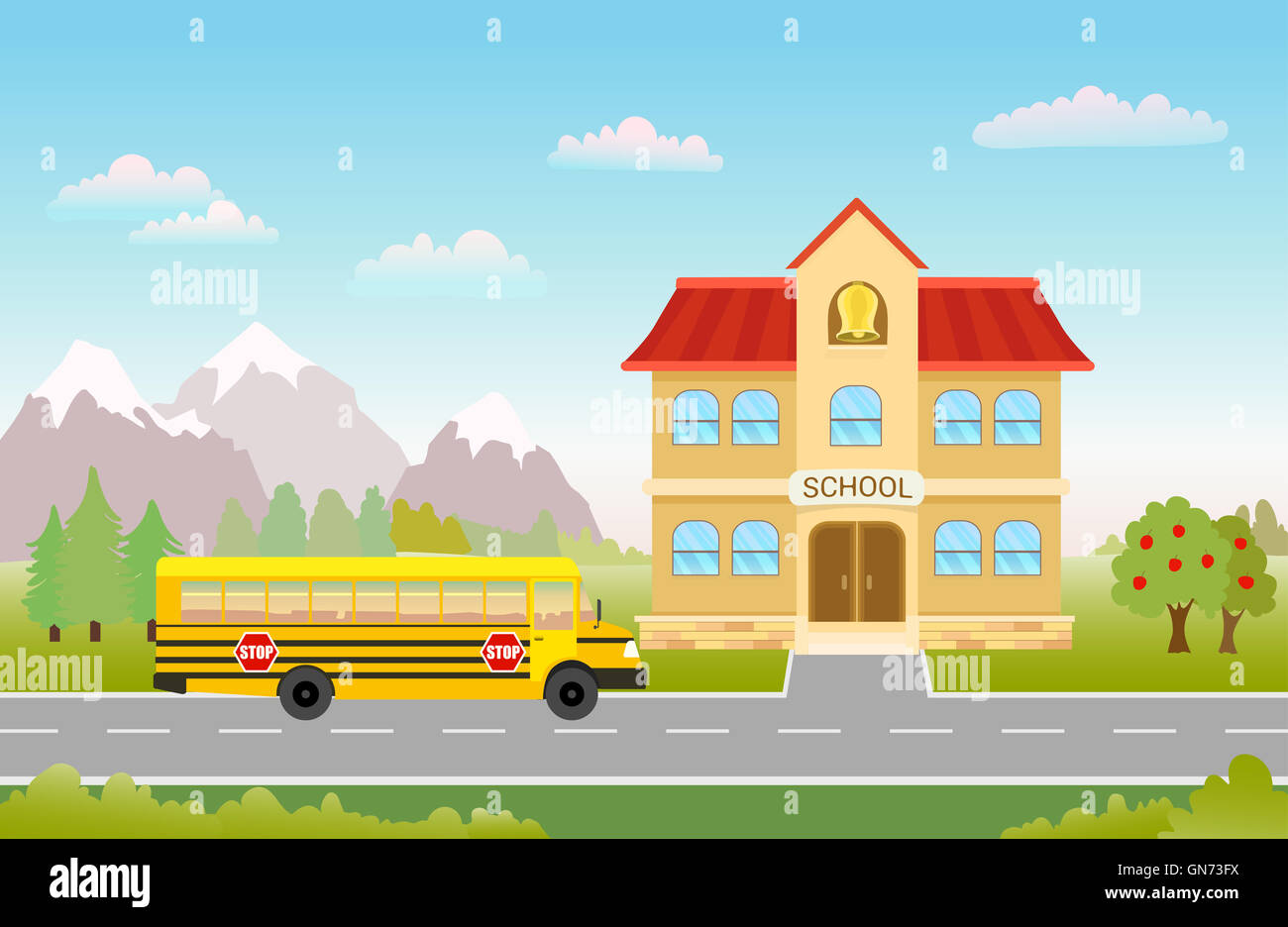 Cartoon-Illustration mit Bus unterwegs zur Schule auf Landschaft mit Bäumen, Bergen und Wolken Stockfoto