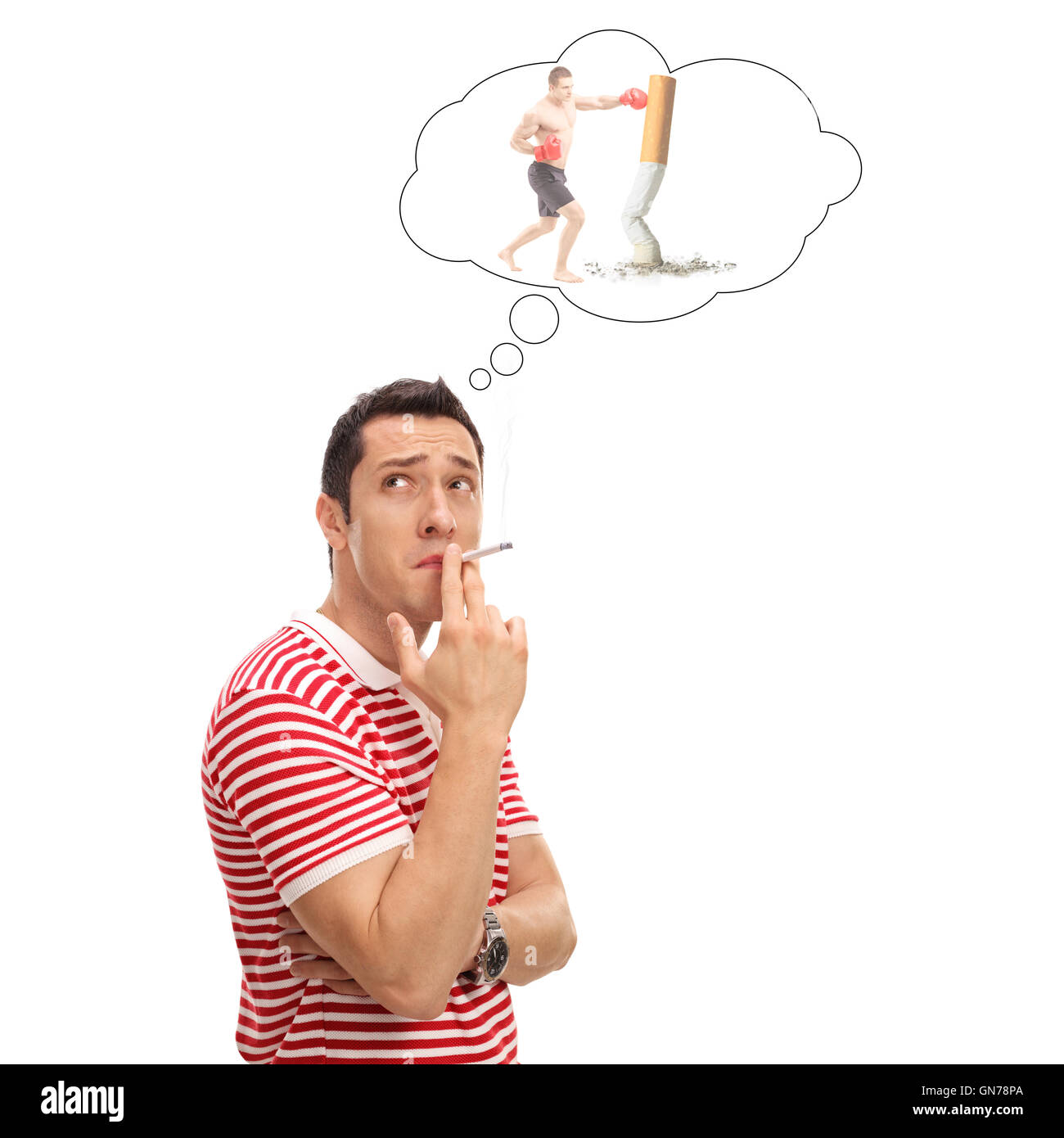 Nachdenklicher Mann rauchte eine Zigarette und denken, wie man aufhören zu rauchen, die isoliert auf weißem Hintergrund Stockfoto