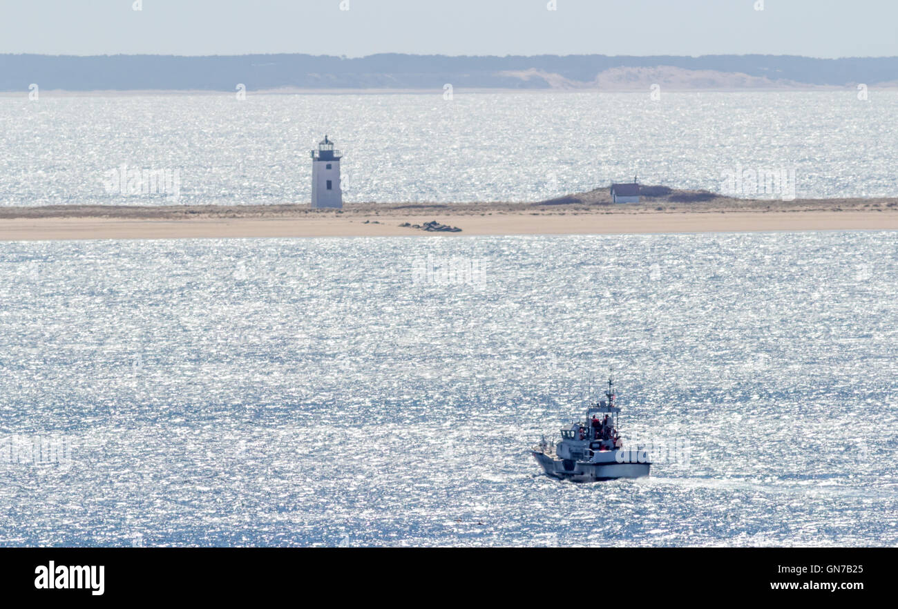 Whale Watch Boot Passagiere reist in die Cape Cod Bay vorbei an einem Leuchtturm. Stockfoto