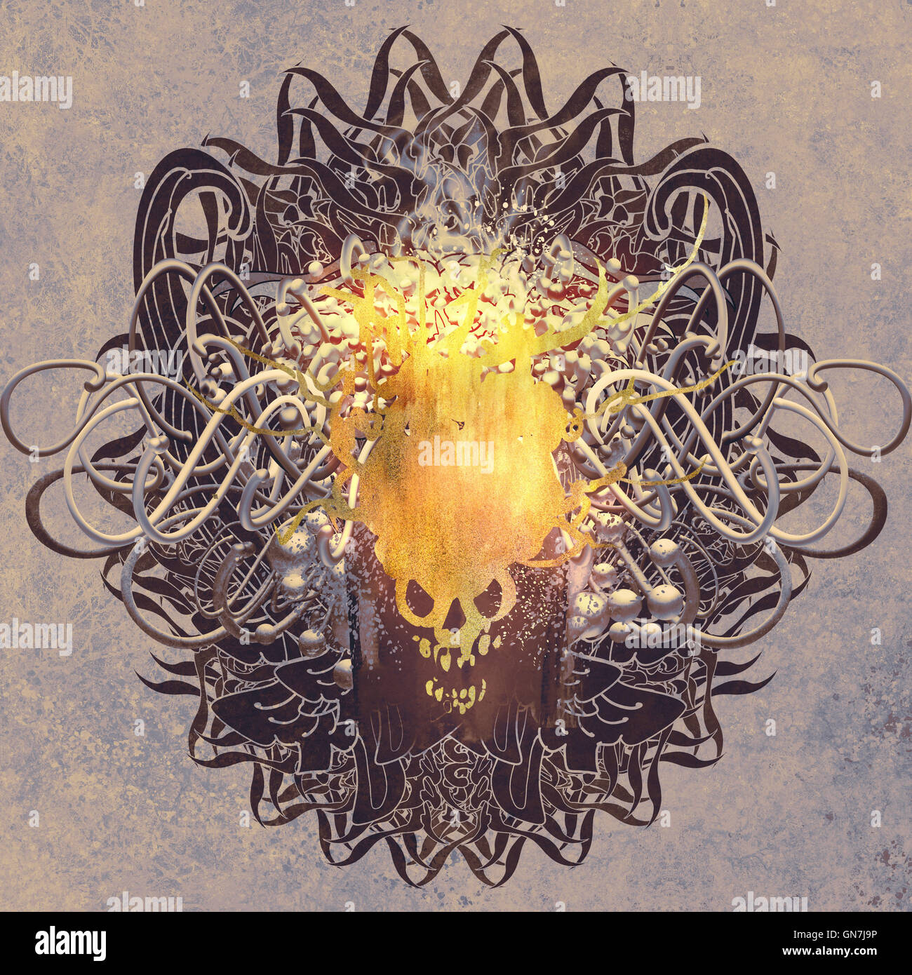 Feuer-Totenkopf auf grafischen Hintergrund mit Grunge Texturen, Illustrationskunst Stockfoto