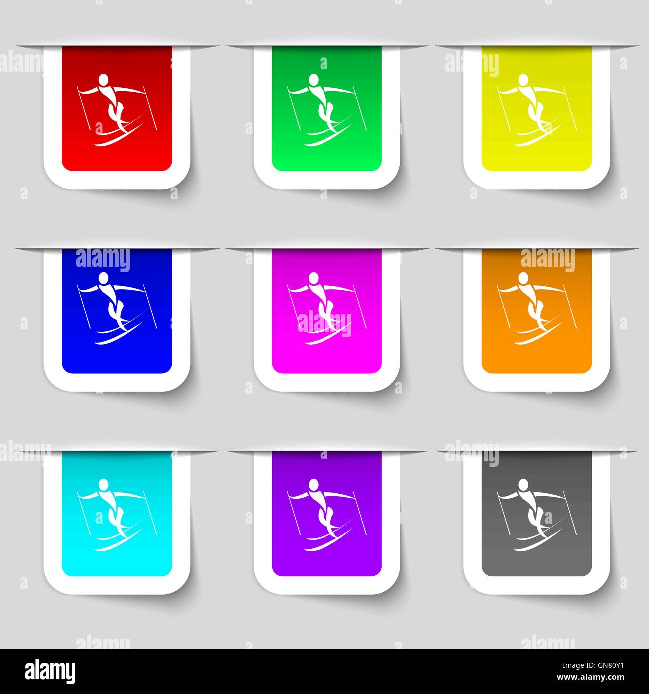 Skifahrer-Symbol Zeichen. Reihe von bunten moderne Etiketten für Ihr Design. Vektor Stock Vektor