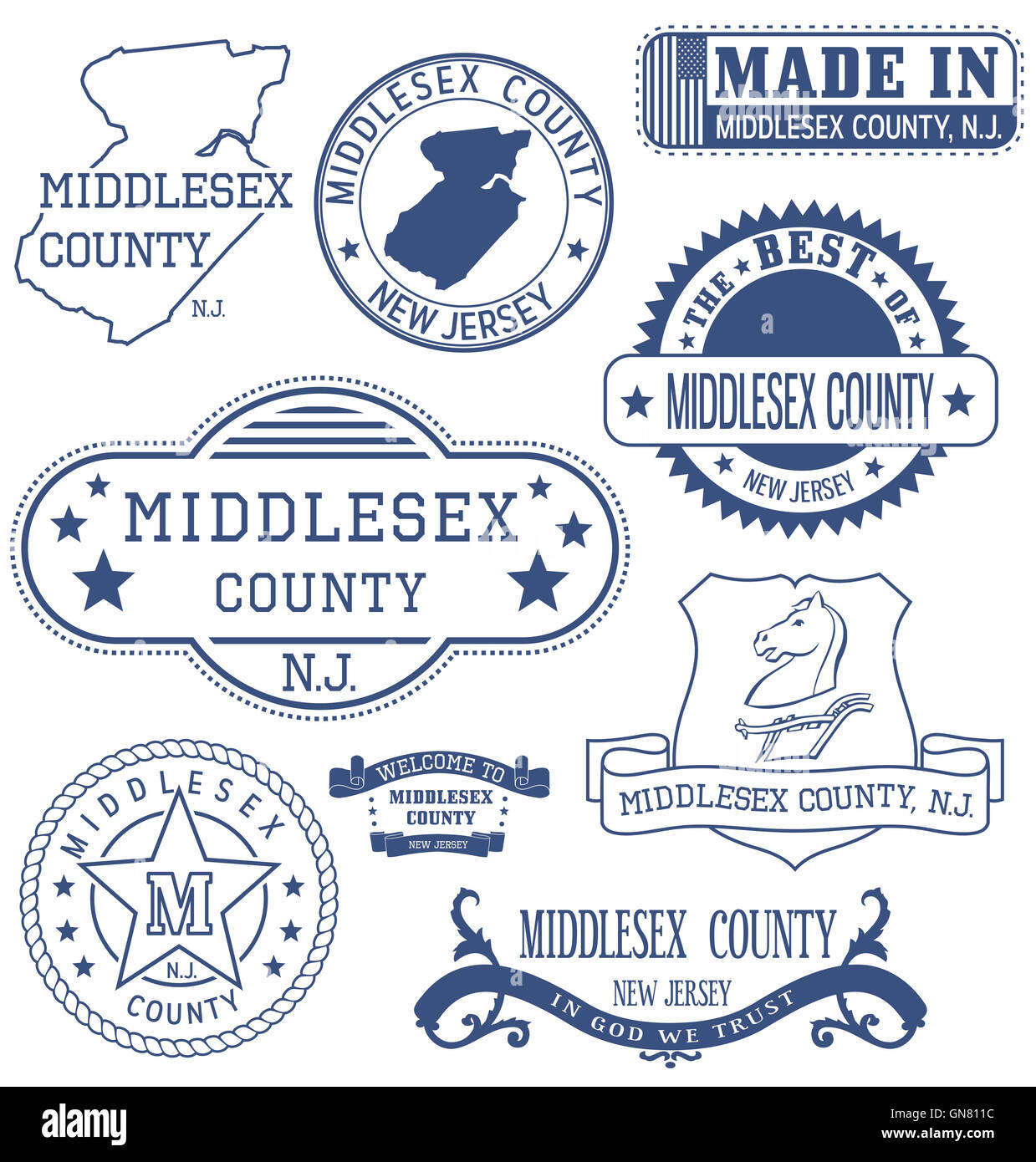 Middlesex County, New Jersey. Satz von generischen Marken und Zeichen. Stockfoto