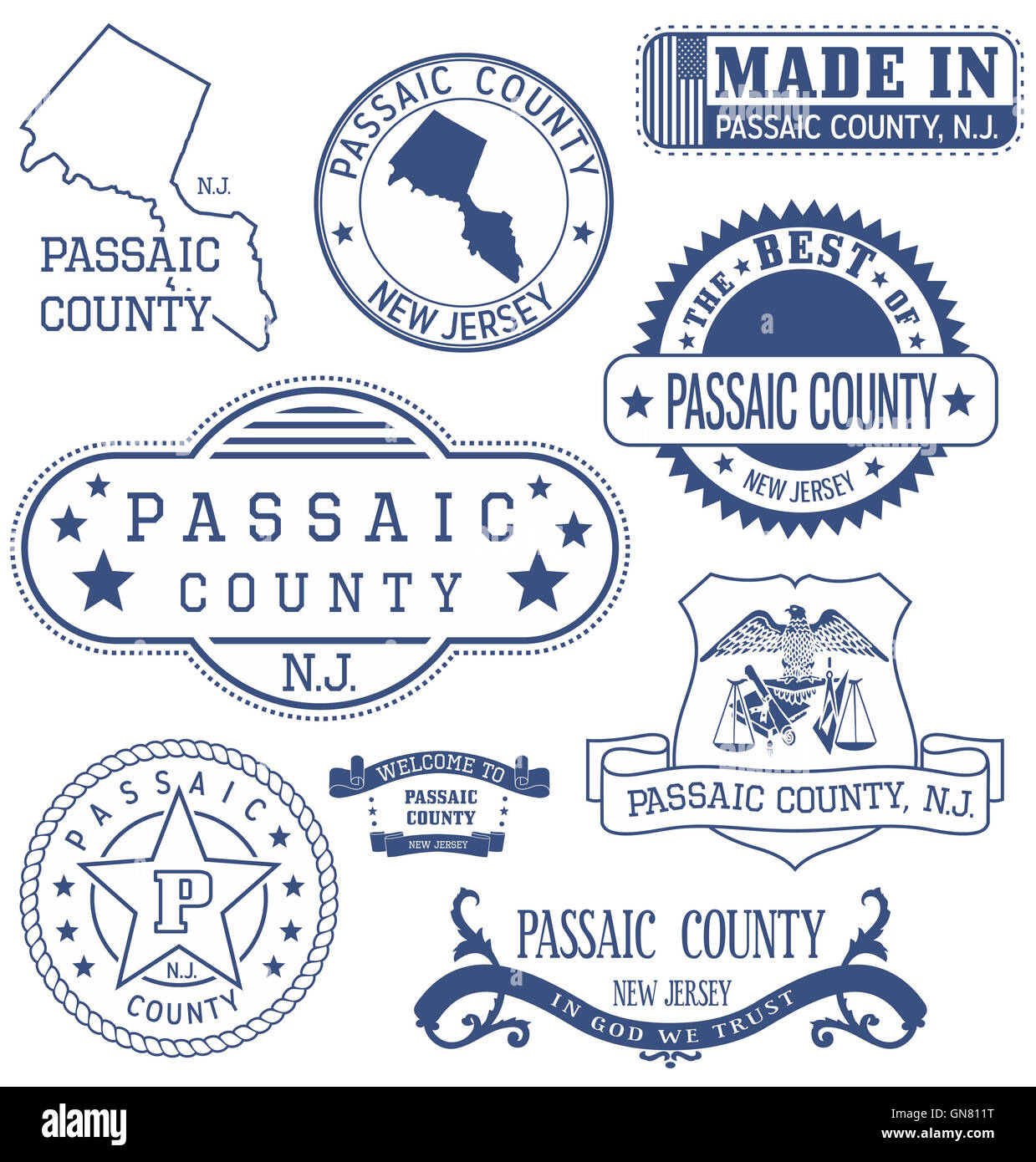 Passaic County, New Jersey. Satz von generischen Marken und Zeichen. Stockfoto