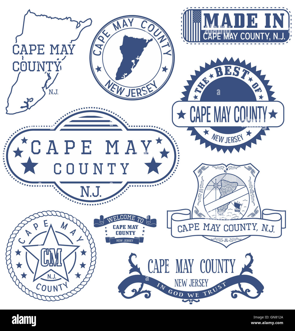 Cape May County, New Jersey. Satz von generischen Marken und Zeichen. Stockfoto