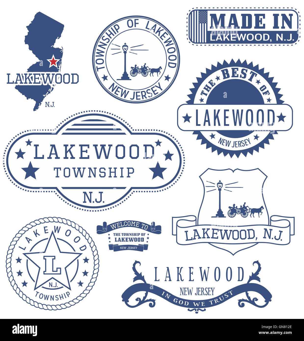 Lakewood Township, New Jersey. Satz von generischen Marken und Zeichen. Stockfoto