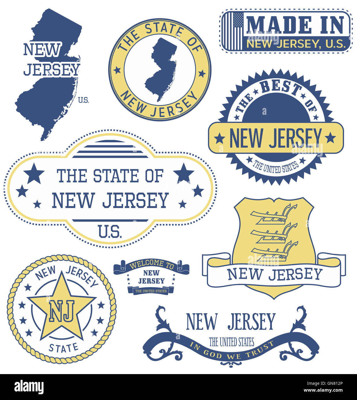 New-Jersey. Satz von generischen Marken und Zeichen. Stockfoto