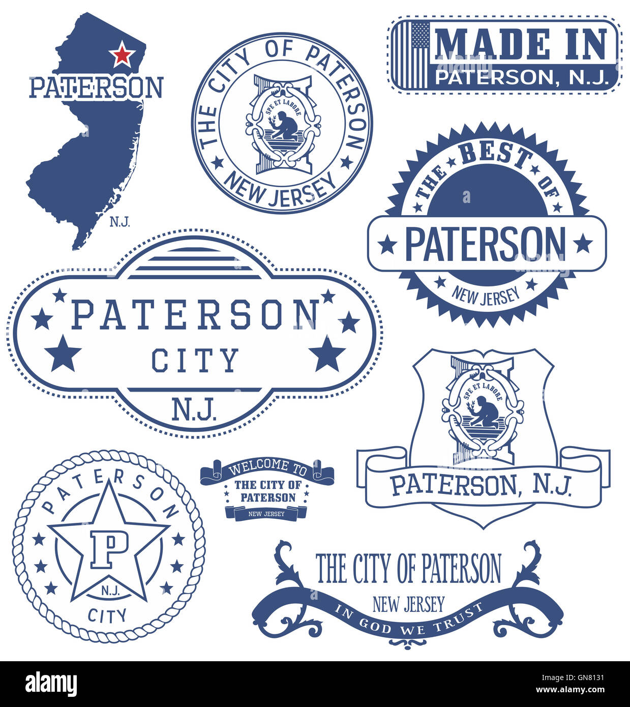 Stadt Paterson, New Jersey. Satz von generischen Marken und Zeichen. Stockfoto