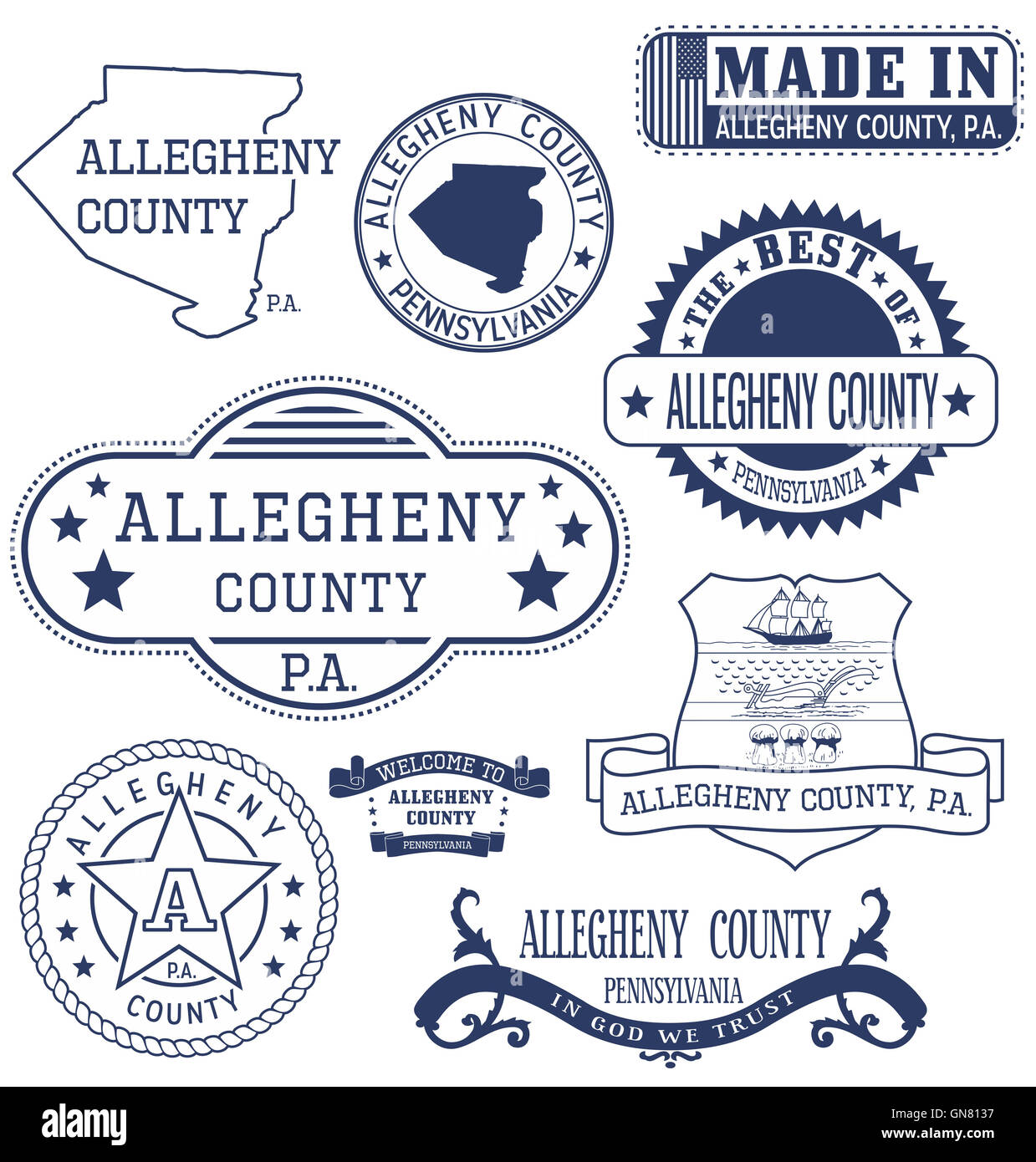 Allegheny County, Pennsylvania. Satz von generischen Marken und Zeichen. Stockfoto