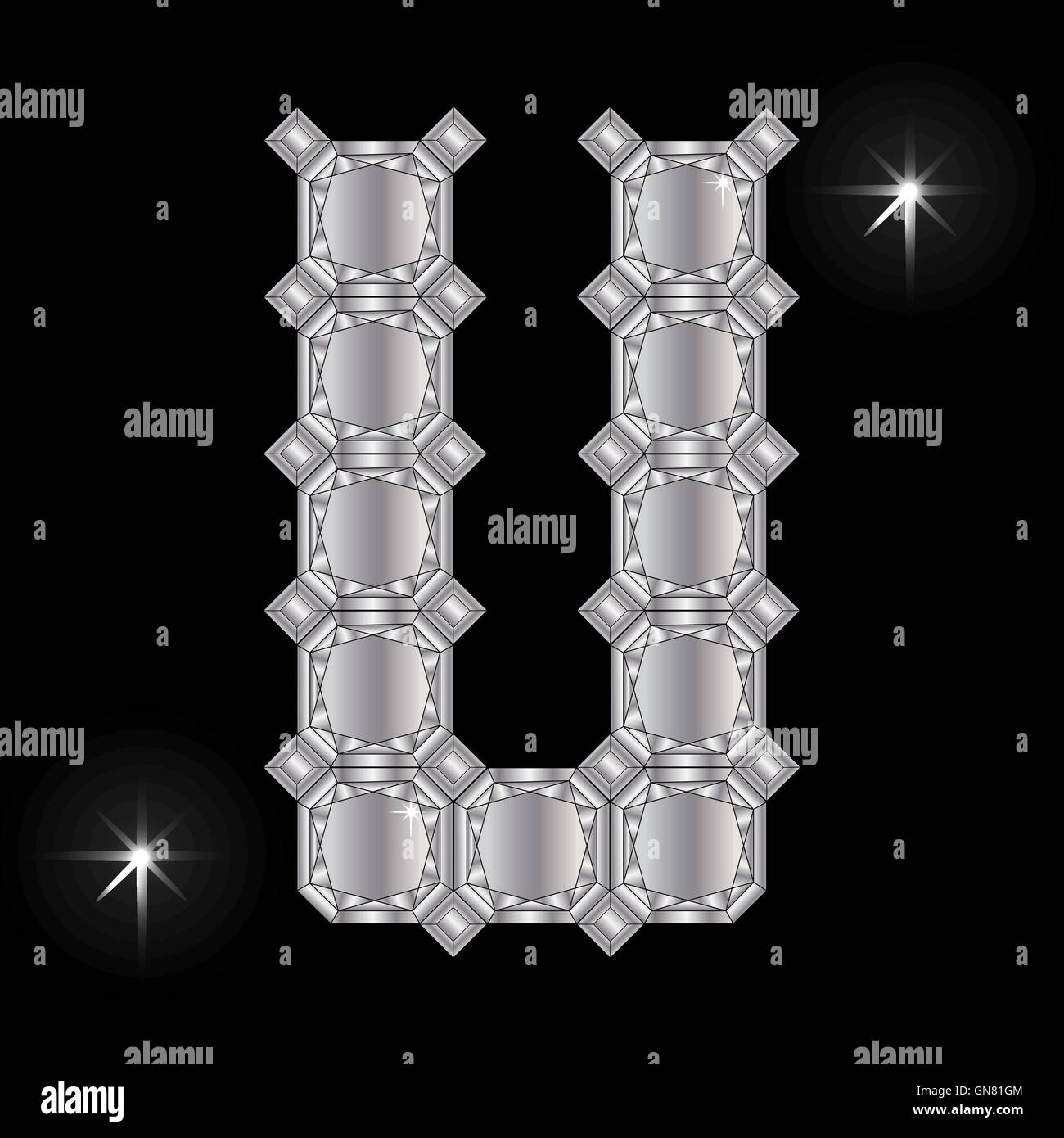 Metall Buchstaben U. Edelstein. Geometrische Formen Stock Vektor