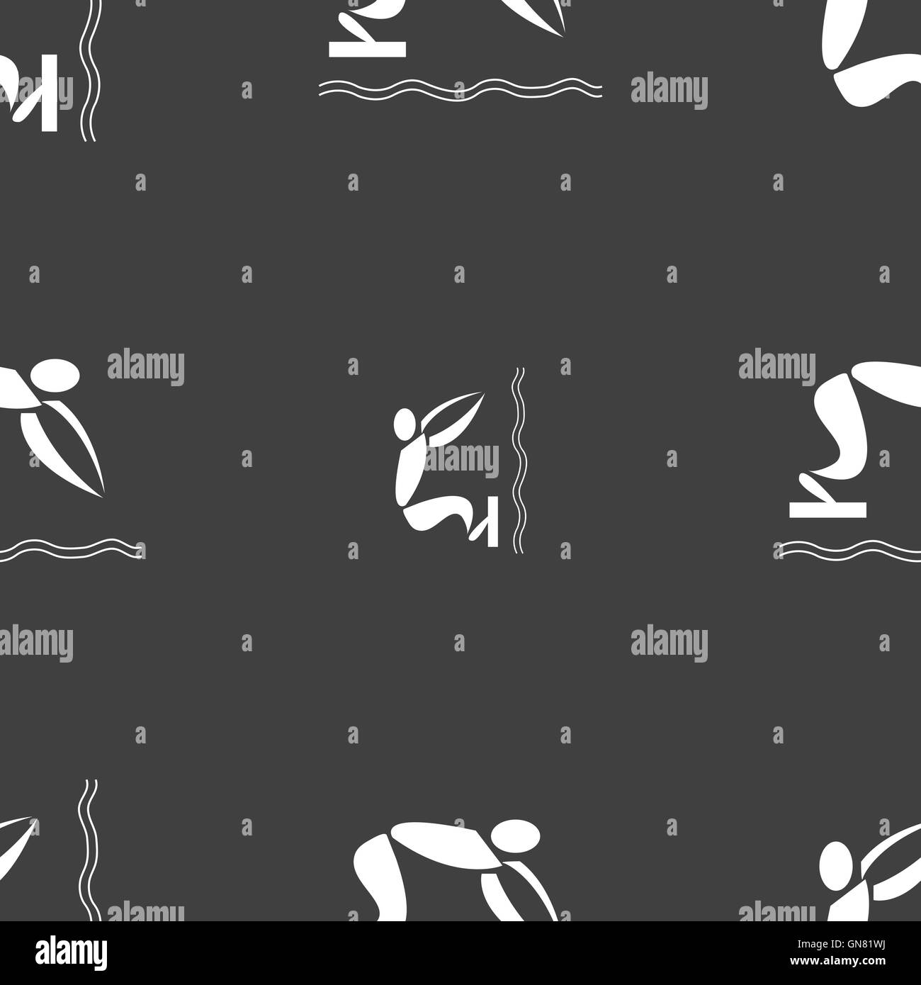Sommersport, Tauchen Symbol Zeichen. Nahtlose Muster auf einem grauen Hintergrund. Vektor Stock Vektor