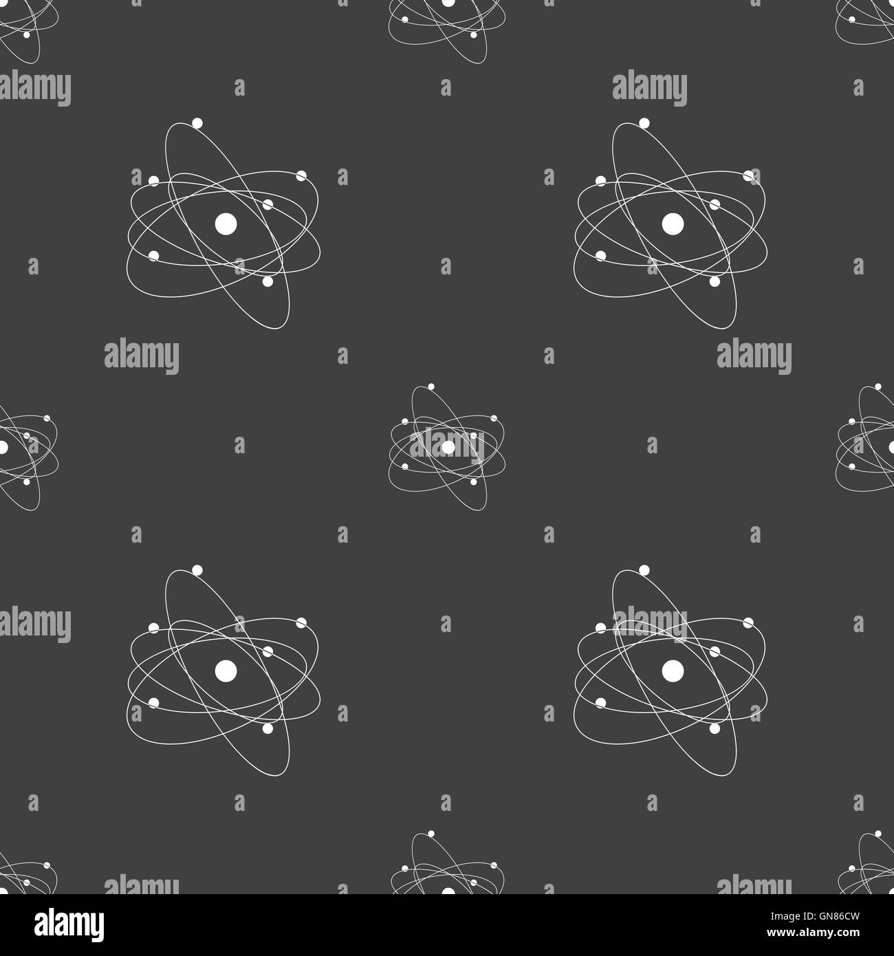 Physik, Atom, Urknall Symbol Zeichen. Nahtlose Muster auf einem grauen Hintergrund. Vektor Stock Vektor