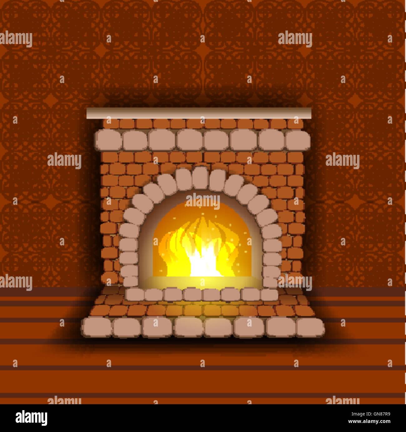Stein-Kamin mit Feuer. Warme Rottöne Stock Vektor
