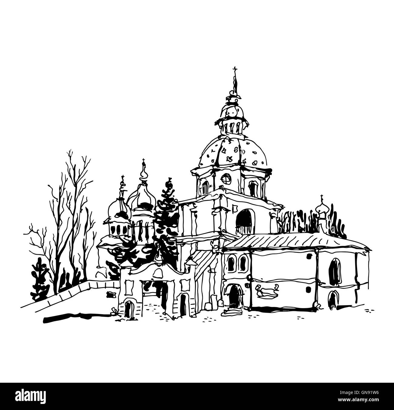 schwarze und weiße Skizze, Zeichnung der Vydubychi Kloster in Kiew Uk Stock Vektor
