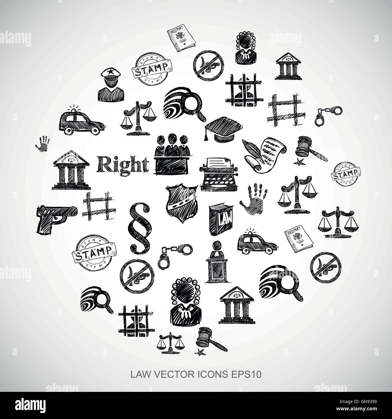 Schwarzen Kritzeleien Hand gezeichnet Gesetz Symbole auf weiß gesetzt. EPS10 Vektor-Illustration. Stock Vektor