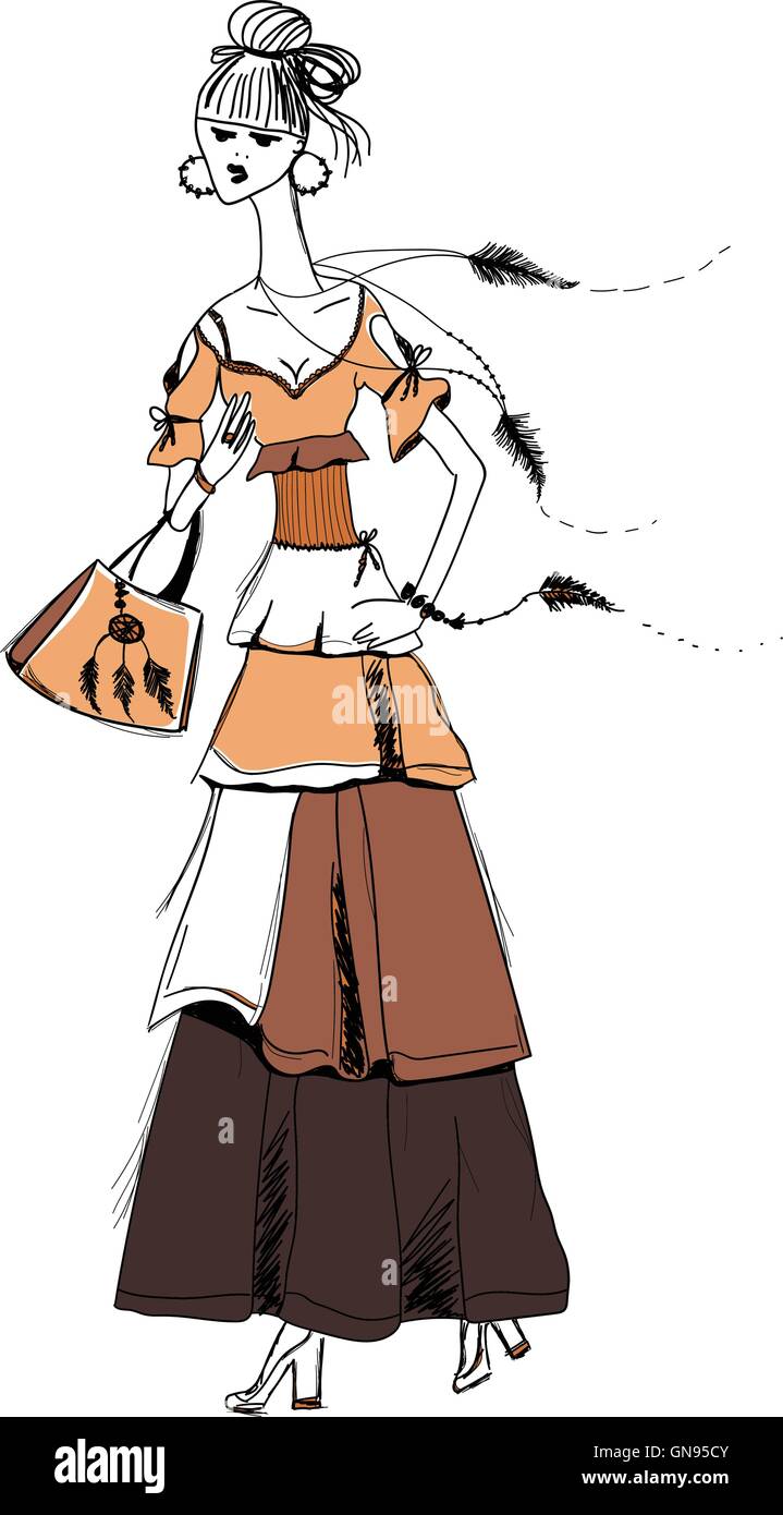 Das Mädchen im Gypsy-Kleid. Boho-Stil.  Lineares Muster auf weißem Hintergrund.  Tasche Sie für T-shirts drucken, Handyhülle, Plakate, Druck, Stock Vektor