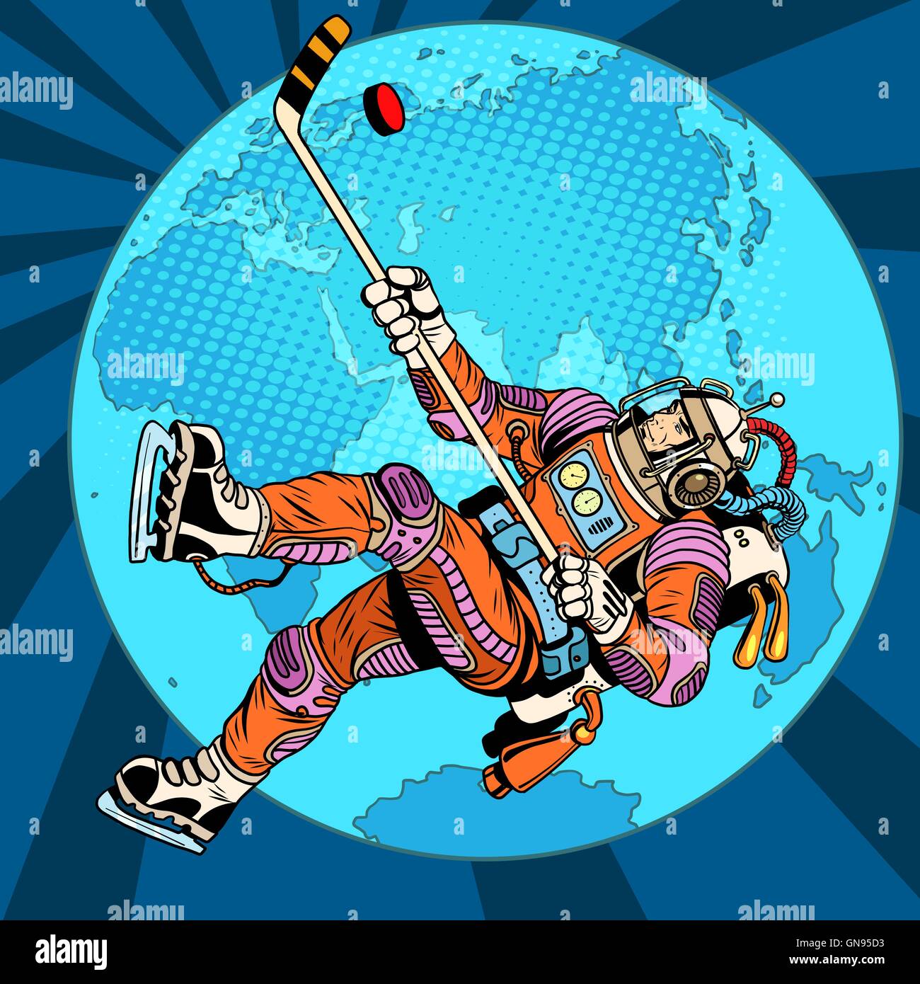 Astronaut spielt Hockey über Planet Erde Stock Vektor