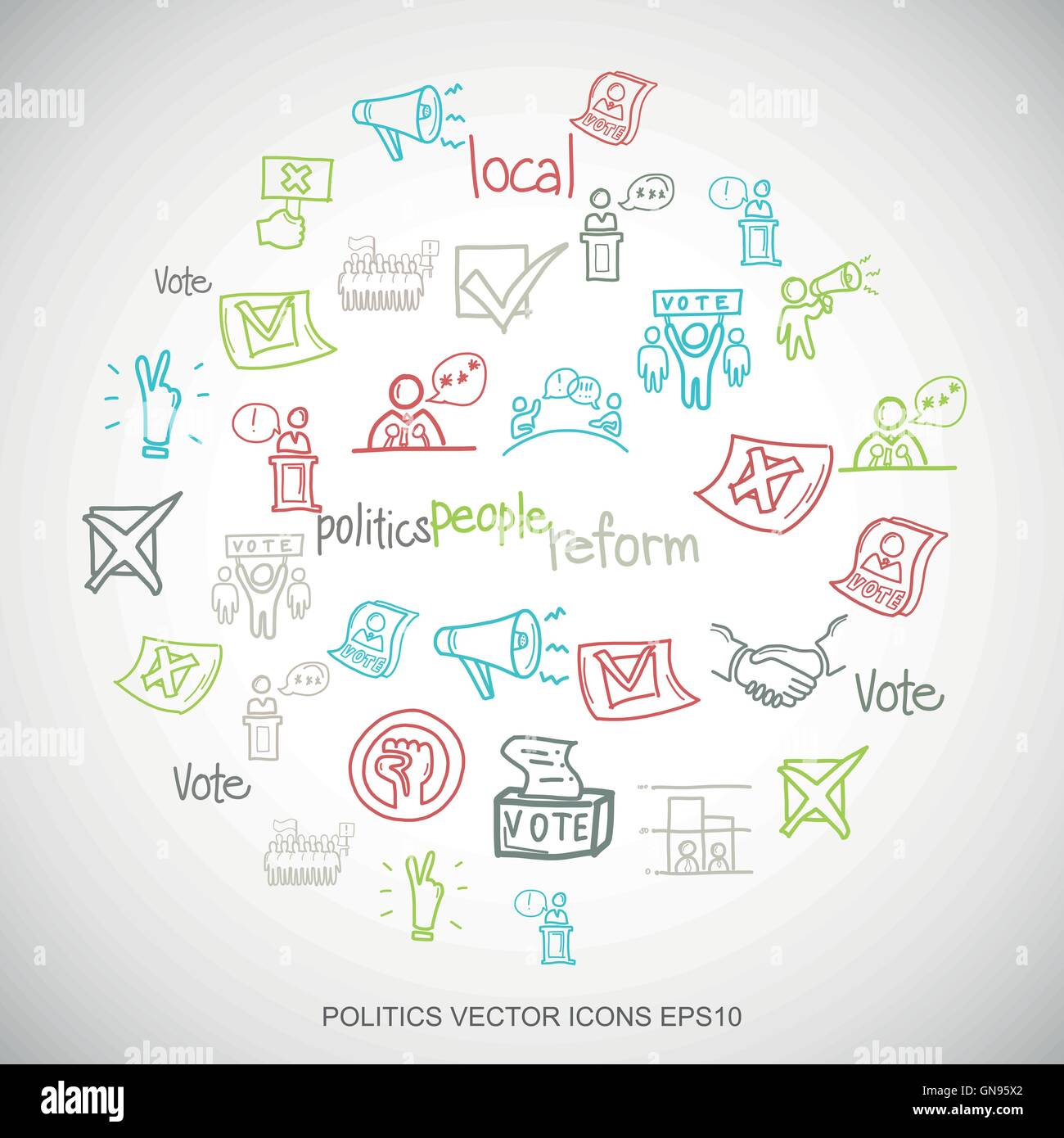 Multicolor Kritzeleien set Hand gezeichnet Politik Icons auf weiß ...