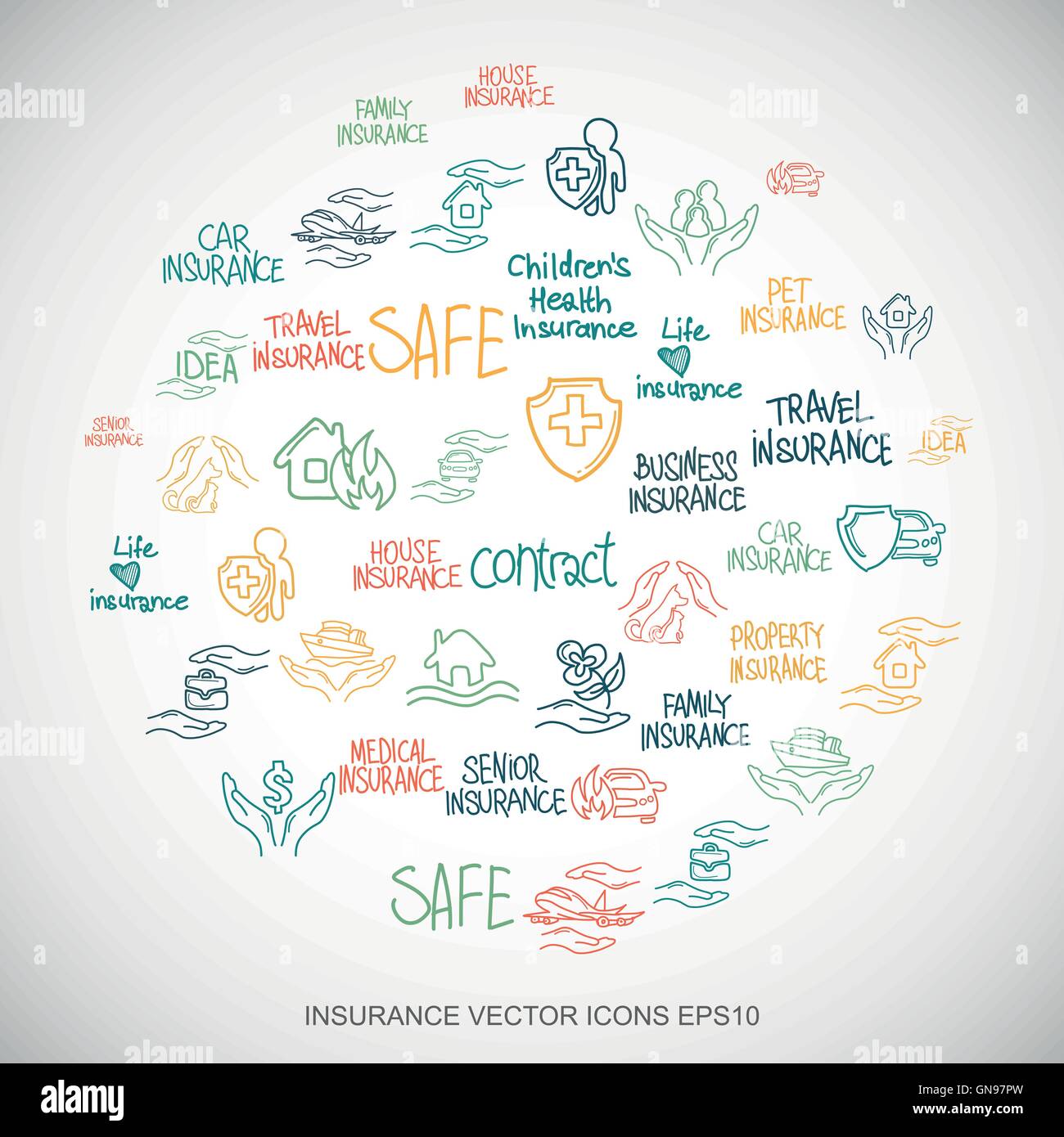 Multicolor Kritzeleien set Hand gezeichnet Versicherung Icons auf weiß. EPS10 Vektor-Illustration. Stock Vektor