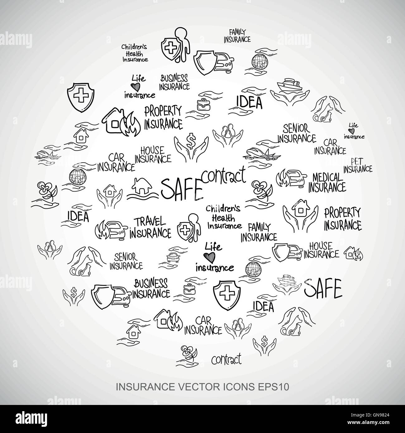 Schwarzen Kritzeleien Hand gezeichnet Versicherung Symbole auf weiß gesetzt. EPS10 Vektor-Illustration. Stock Vektor