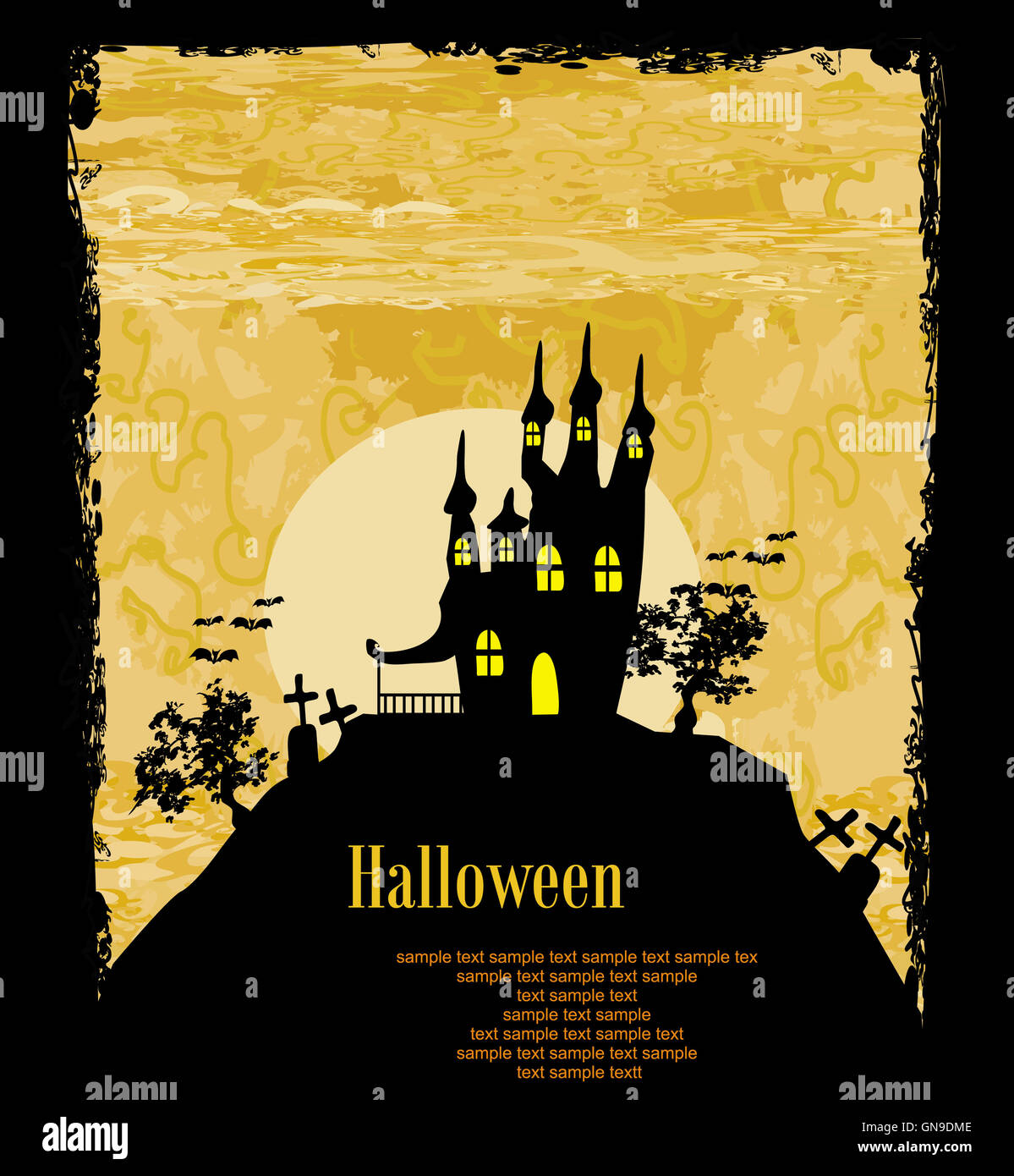 Grunge Halloween-Hintergrund mit Spukhaus, Fledermäuse und Vollmond Stockfoto