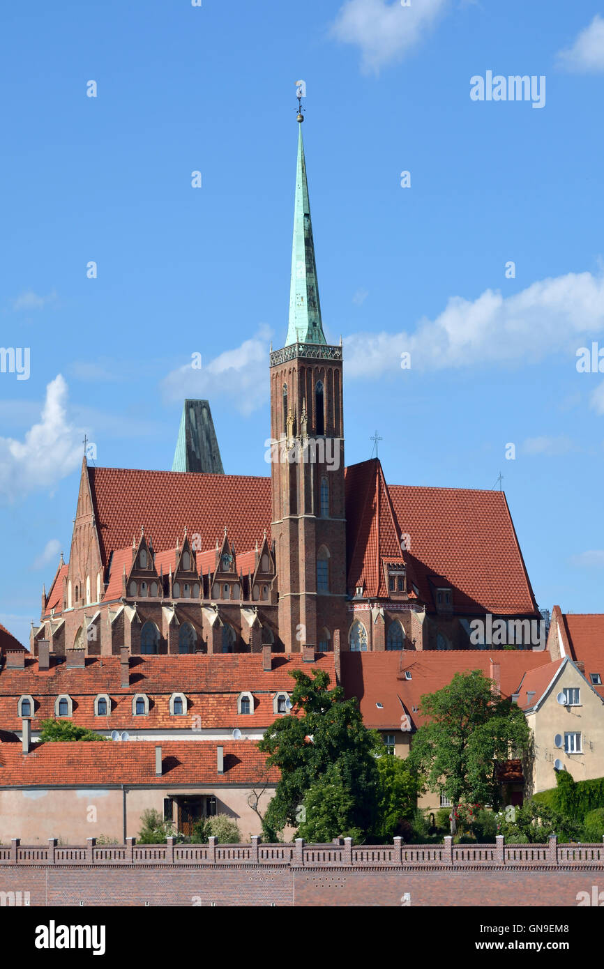 Blick über die Odra, die Dominsel mit der Heiligen Jungfrau Maria Kirche von Wroclaw in Polen. Stockfoto
