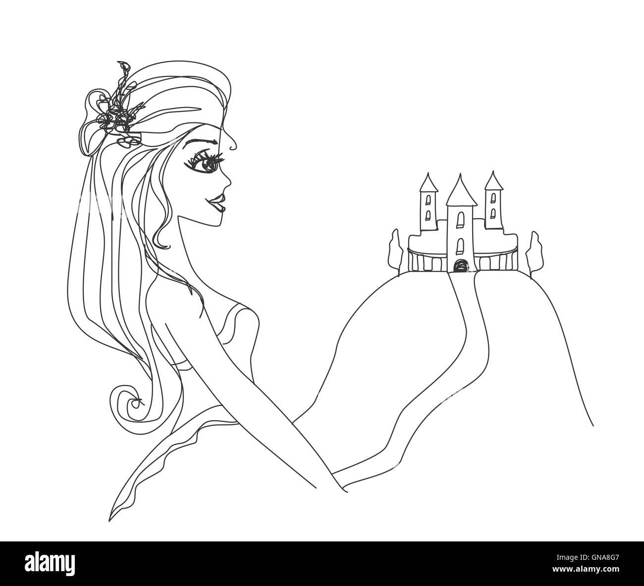 Schöne junge Prinzessin vor ihrem Schloss - Doodle Abbildung Stockfoto