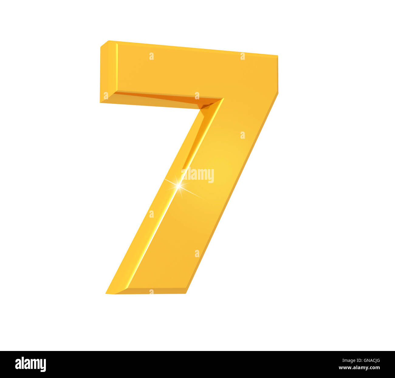 3D Darstellung der Zahl sieben mit Reflexion isoliert auf weißem Hintergrund glitzernden Gold gemacht. Stockfoto