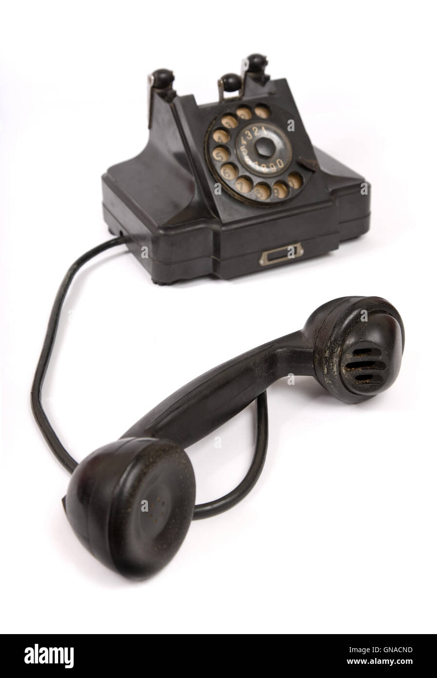 Schwarze Vintage Telefon mit Kratzern Stockfoto