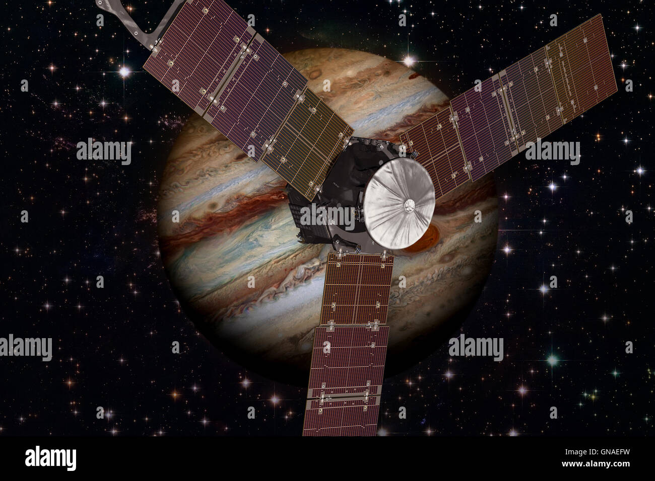 Raumsonde Juno und Jupiter. Elemente des Bildes von der NASA eingerichtet. Stockfoto