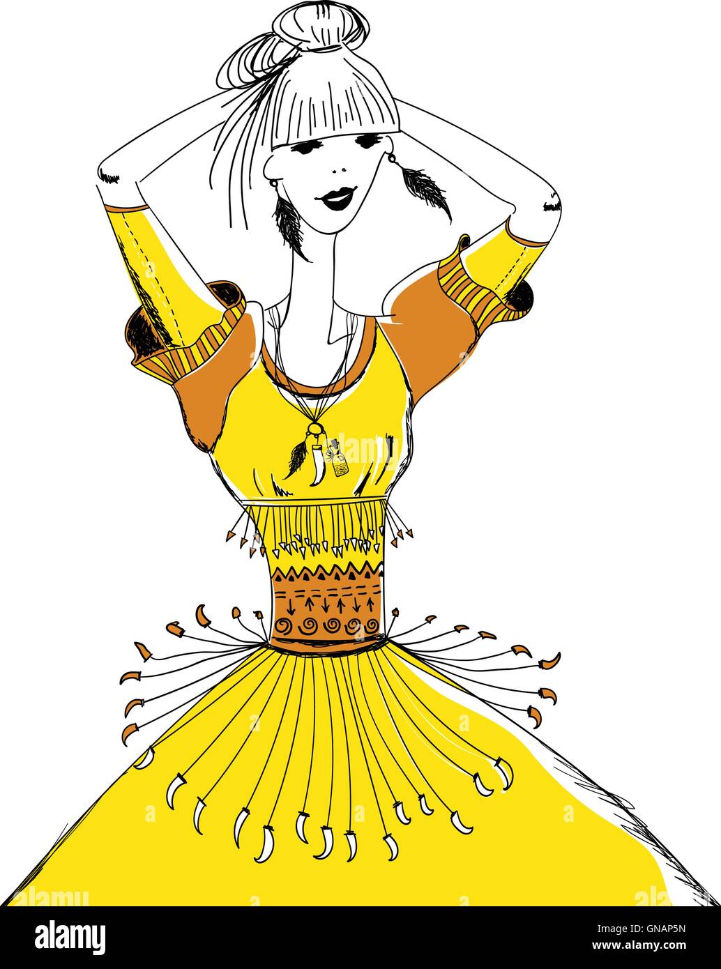 Das Mädchen im Stammes-Kleid. Boho und Zigeuner-Stil.  Lineares Muster auf weißem Hintergrund.  Für T-shirts drucken, Handyhülle, Plakate, Stock Vektor