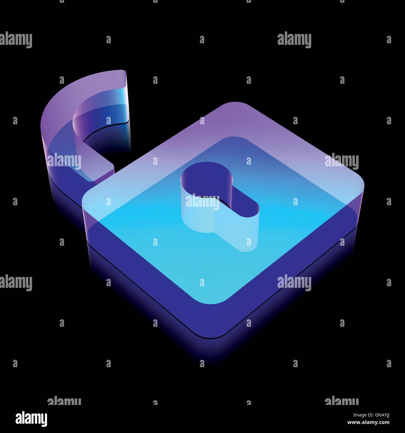 3D Neon leuchtende eröffnet Vorhängeschloss-Symbol aus Glas vom Vektor-Illustration. Stock Vektor