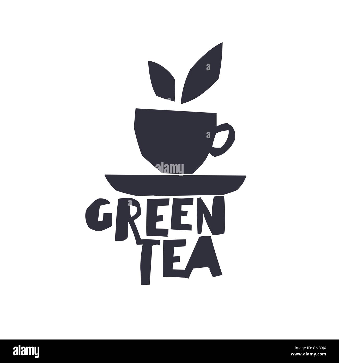 Grüner Tee. Tasse Tee und Text "Grüner Tee". Isolierte Schriftzug Te Stock Vektor