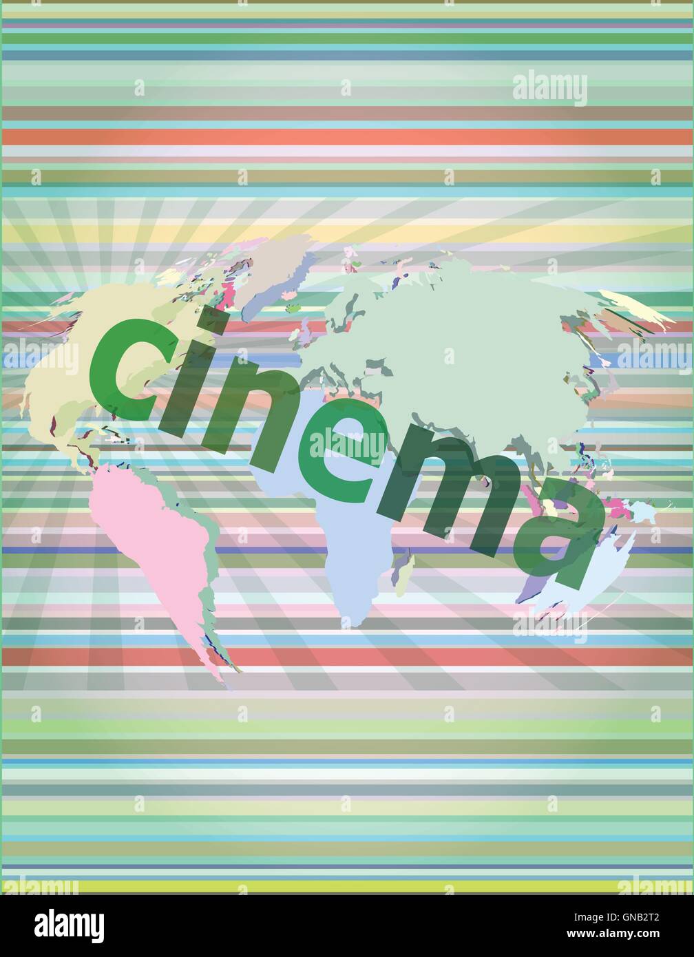 Kino-Wort auf dem digitalen Bildschirm mit Welt-Karte-Vektor-illustration Stock Vektor