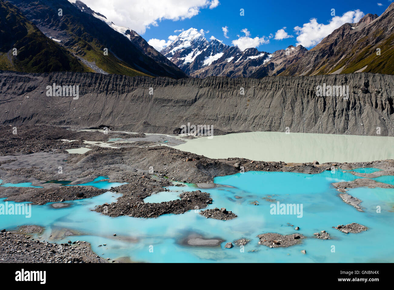 Smaragdgrünen Gletschersee in Aoraki Mt Cook NP Stockfoto