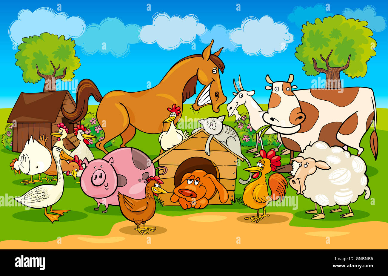 Cartoon-ländliche Szene mit Tieren vom Bauernhof Stockfotografie - Alamy