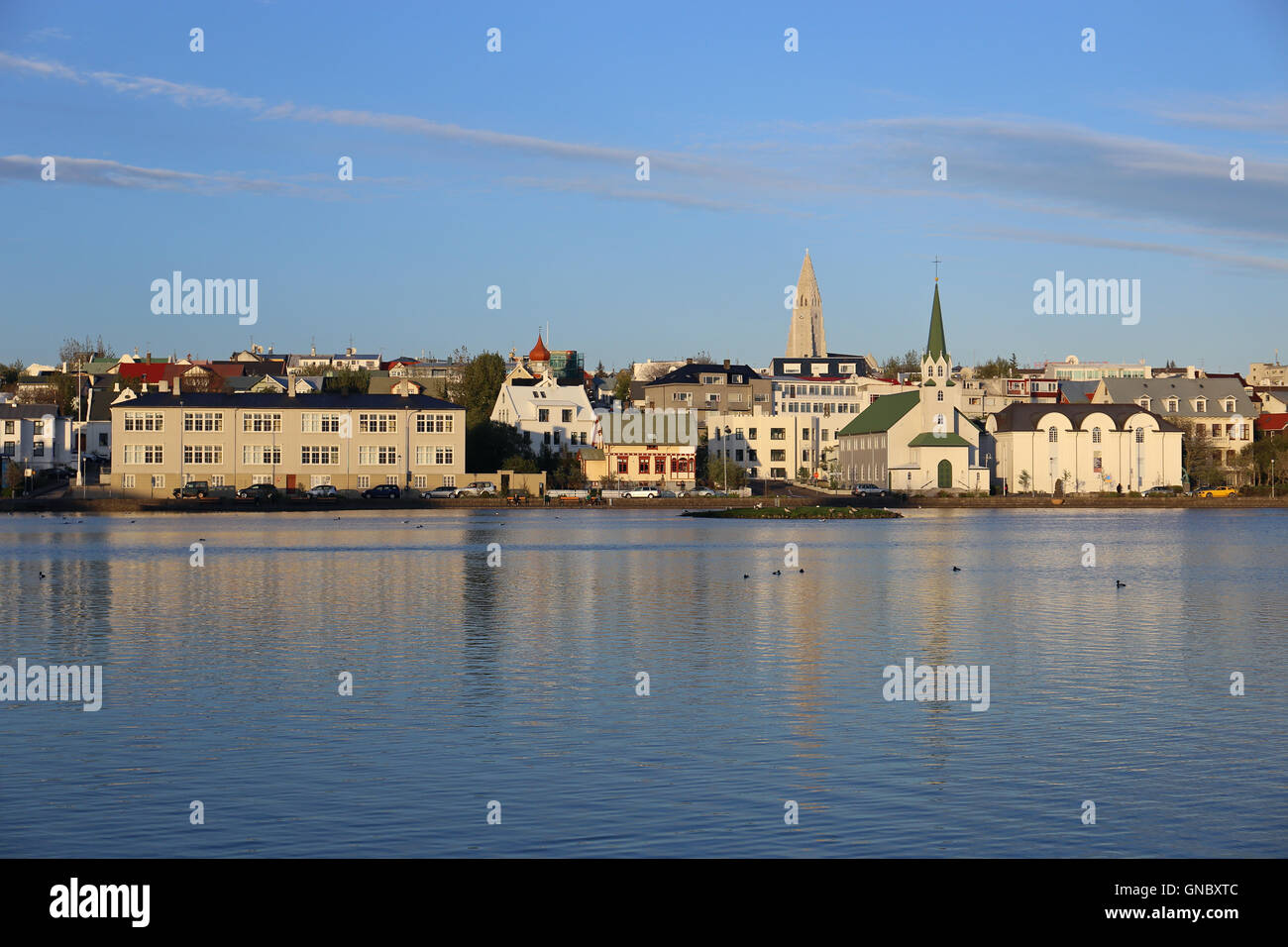 Teich vor der Skyline von Reykjavik Stockfoto