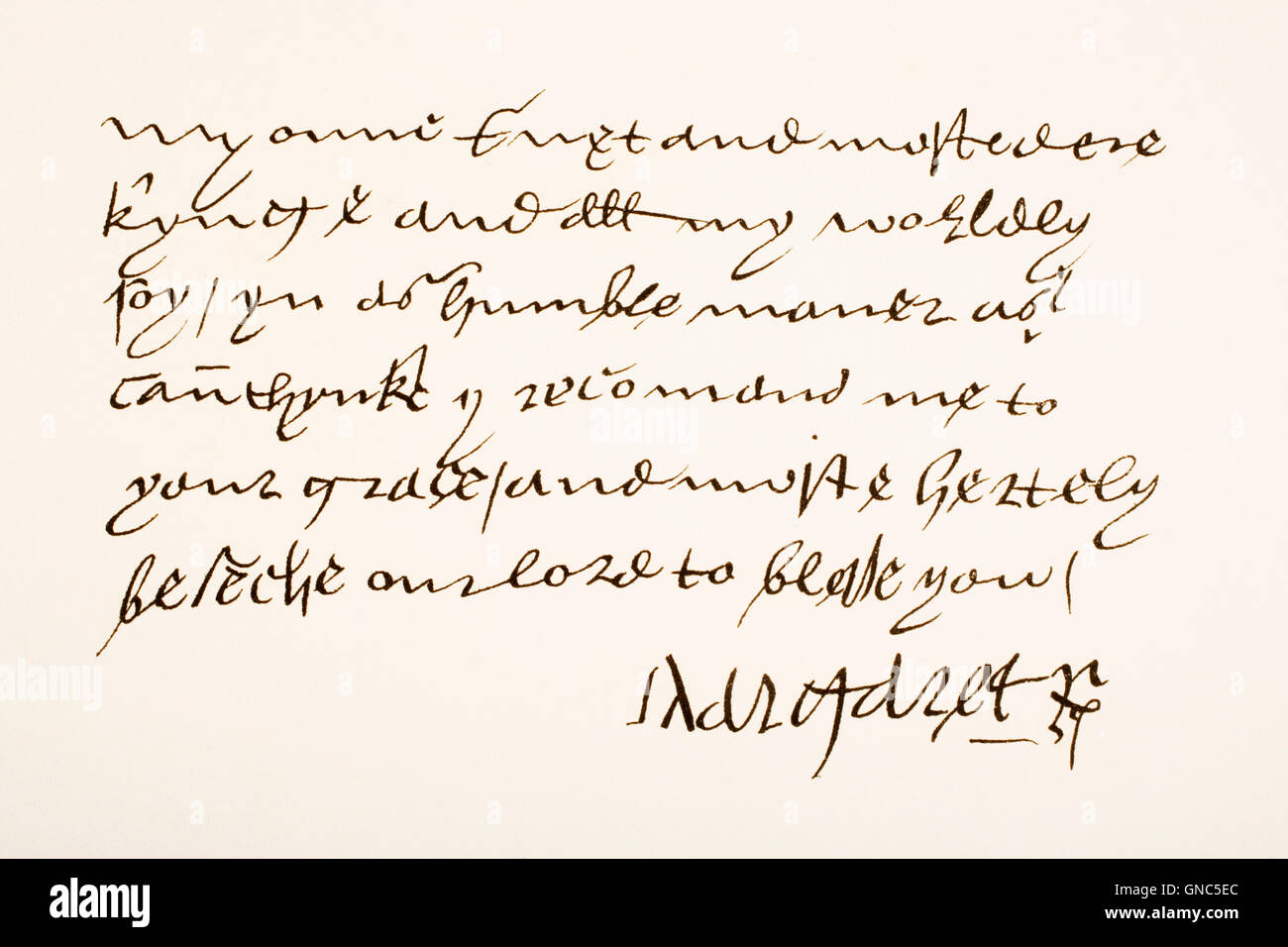 Lady Margaret Beaufort, Countess of Richmond und Derby, aka Margaret of Lancaster, 1443 –1509.  Mutter von König Heinrich VII.  Hand-Schriftprobe und Unterschrift. Stockfoto