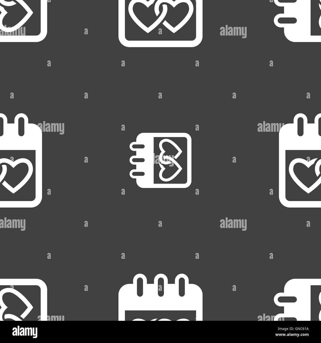 Kalender, Herz, Valentinstag, 14. Februar, Liebe Symbol Zeichen. Nahtlose Muster auf einem grauen Hintergrund. Vektor Stock Vektor