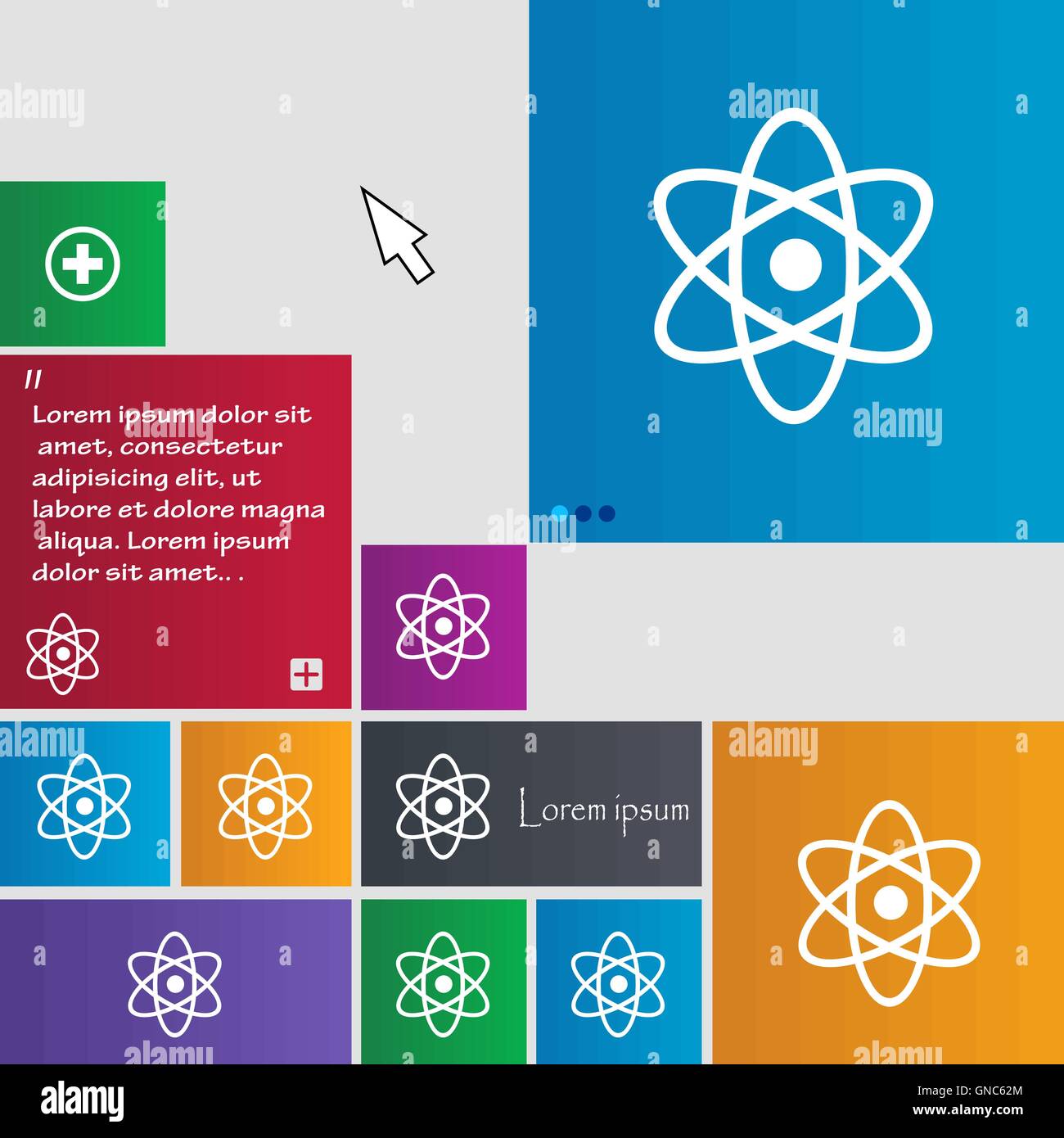 Atom, Physik Symbol Zeichen. Schaltflächen. Moderne Oberfläche Webseite mit Cursor Cursor Tasten. Vektor Stock Vektor