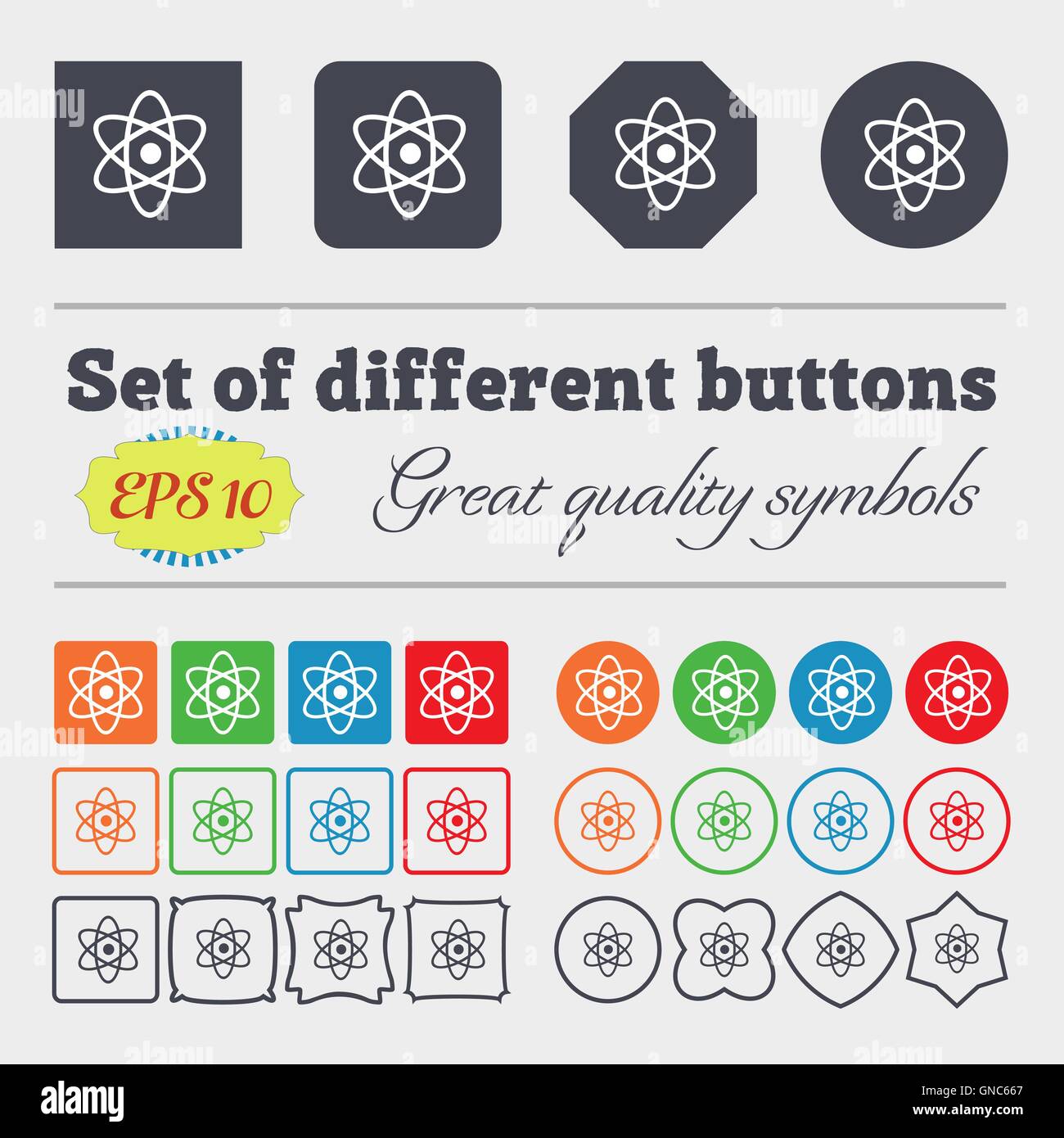 Atom, Physik Symbol Zeichen. Große Reihe von bunten, vielfältigen und qualitativ hochwertigen Tasten. Vektor Stock Vektor