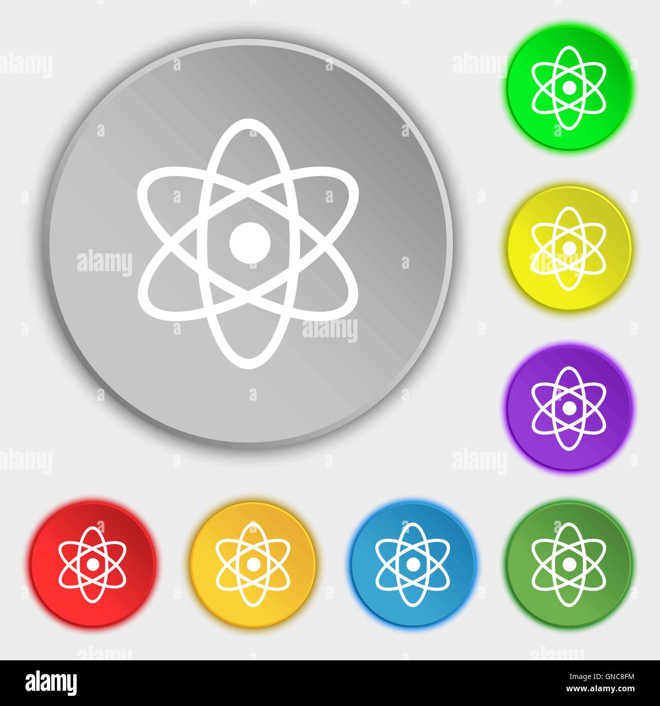 Atom, Physik Symbol Zeichen. Symbol auf acht flache Schaltflächen. Vektor Stock Vektor