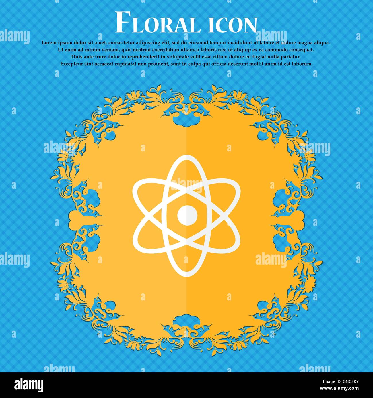 Atom, Physik-Symbol. Flache Blütenmuster auf blauem abstrakten Hintergrund mit Platz für Ihren Text. Vektor Stock Vektor