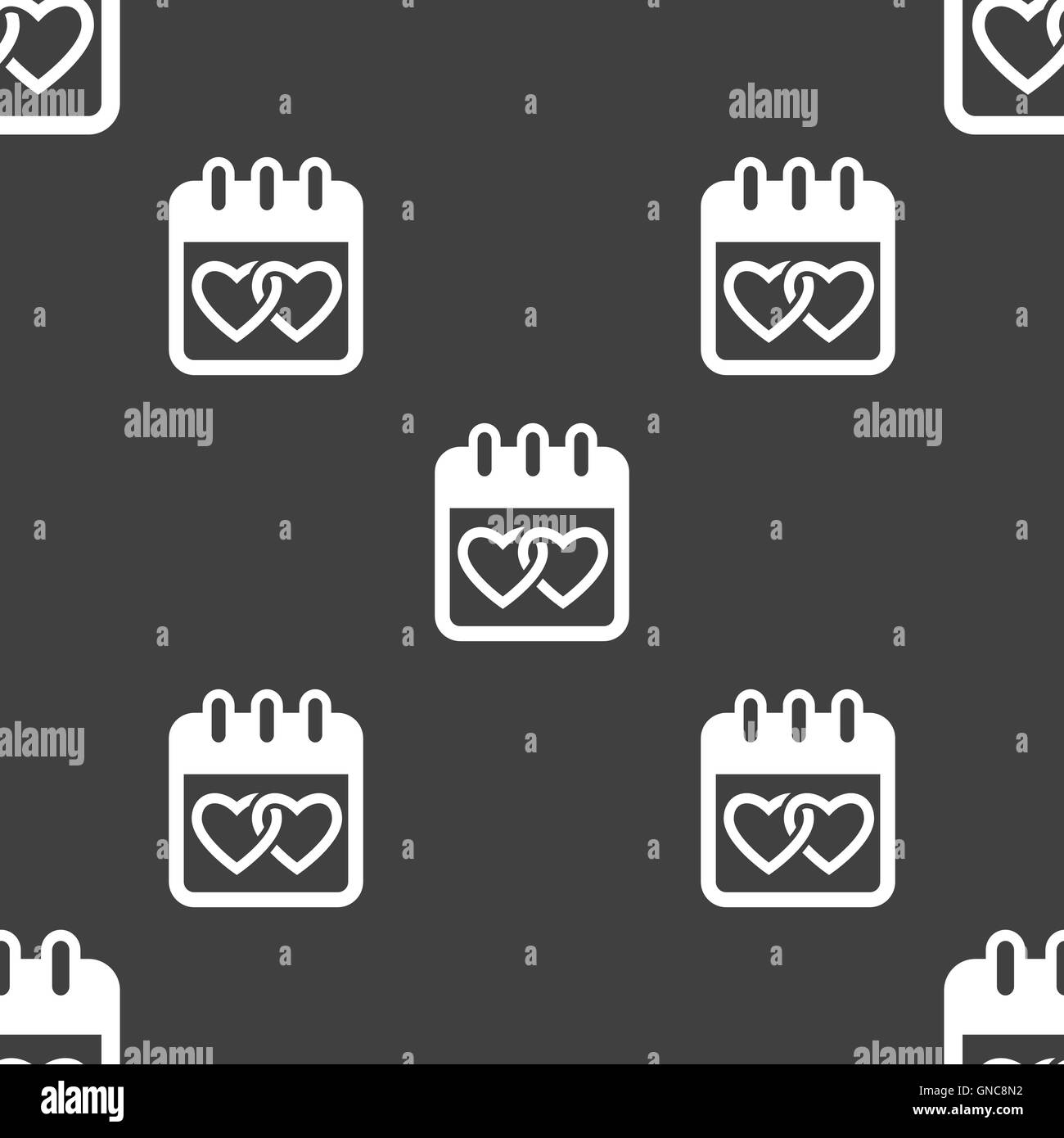 Kalender, Herz, Valentinstag, 14. Februar, Liebe Symbol Zeichen. Nahtlose Muster auf einem grauen Hintergrund. Vektor Stock Vektor