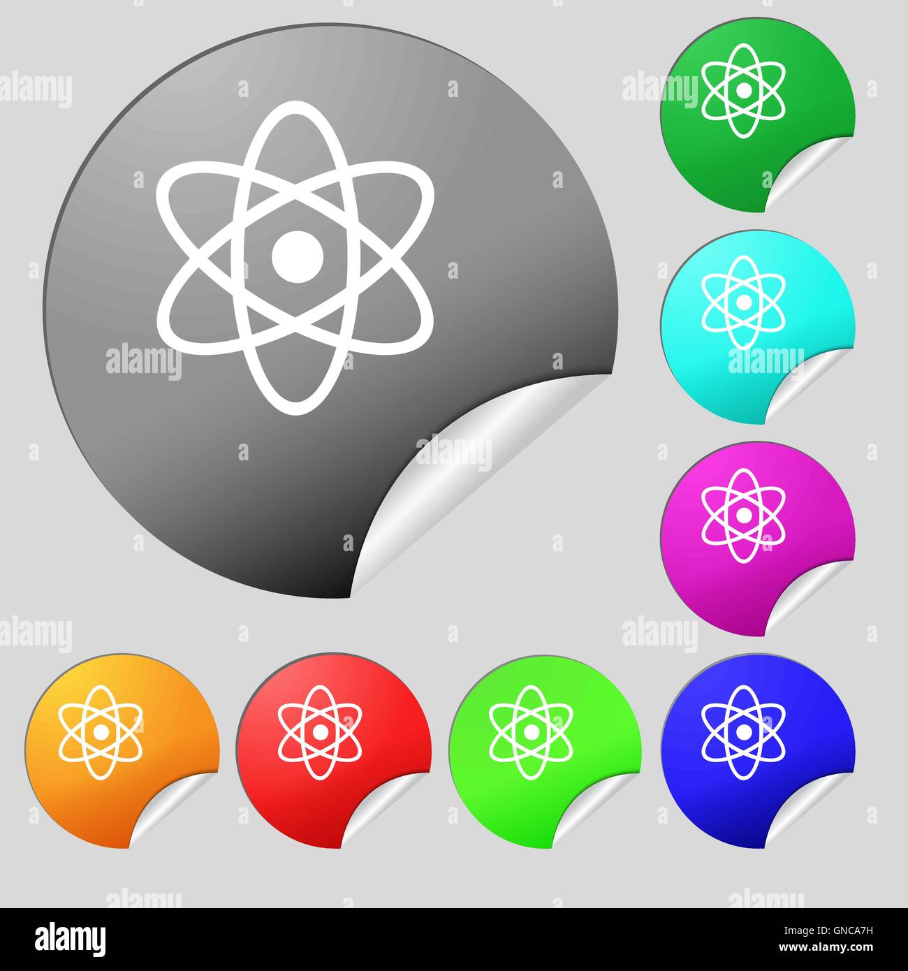 Atom, Physik Symbol Zeichen. Satz von acht Multi farbige Runde Buttons, Aufkleber. Vektor Stock Vektor