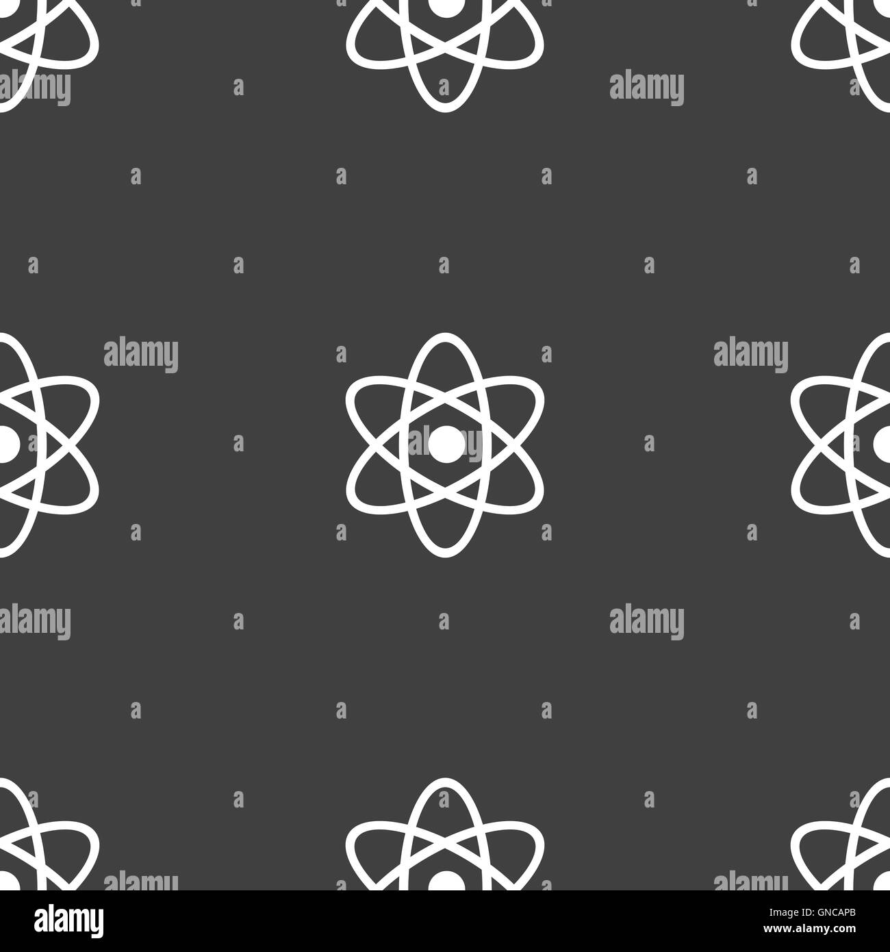 Atom, Physik Symbol Zeichen. Nahtlose Muster auf einem grauen Hintergrund. Vektor Stock Vektor