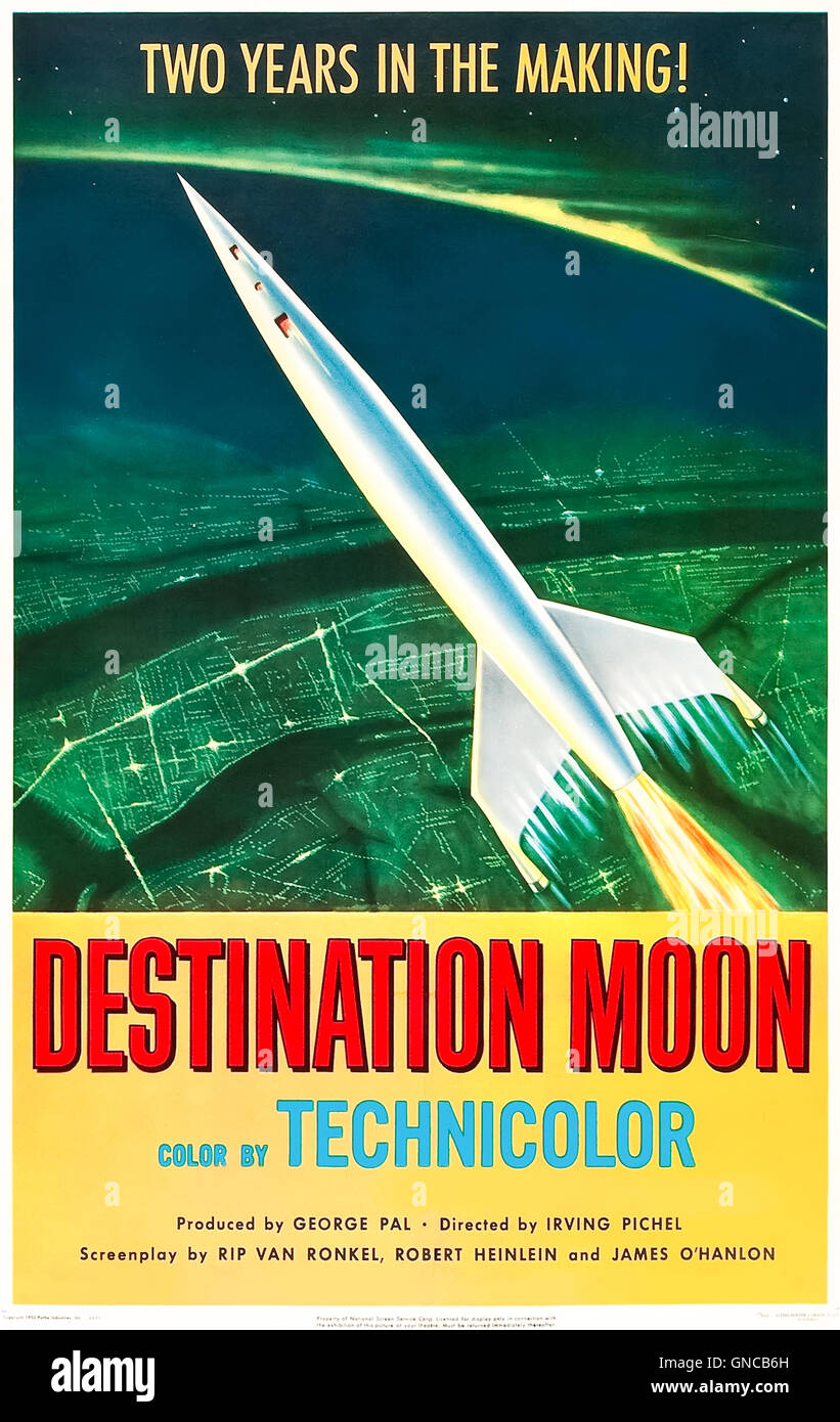 Destination Moon (1950) unter der Regie von Irving Pichel mit John Archer, Warner Anderson und Tom Powers. Die Geschichte der ersten Reise zum Mond. Weitere Informationen finden Sie in der Beschreibung.Foto des original restaurierten Posters aus dem Jahr 1950. Quelle: BFA / George PAL Productions Stockfoto