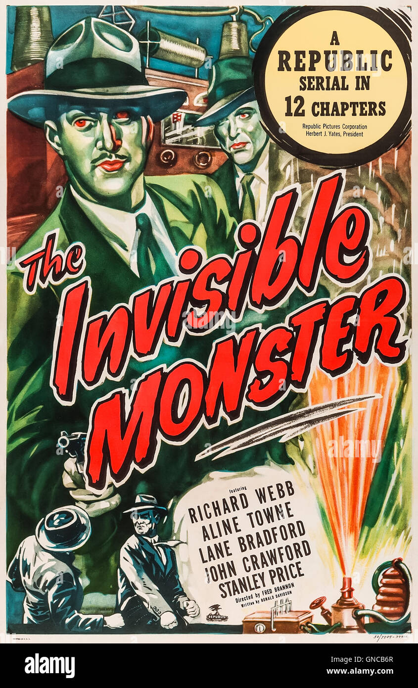 Das unsichtbare Monster (1950) unter der Regie von Fred C. Brannon und starring Richard Webb, Aline Towne und Lane Bradford. Ein böser Bösewicht plant die Weltherrschaft mit einer unsichtbaren Armee. Siehe Beschreibung für mehr Informationen. Stockfoto