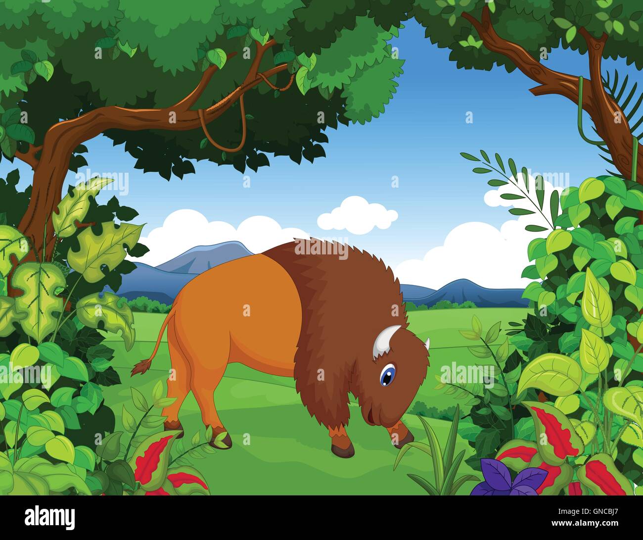 Bison-Comic mit Landschaft Hintergrund Stock Vektor