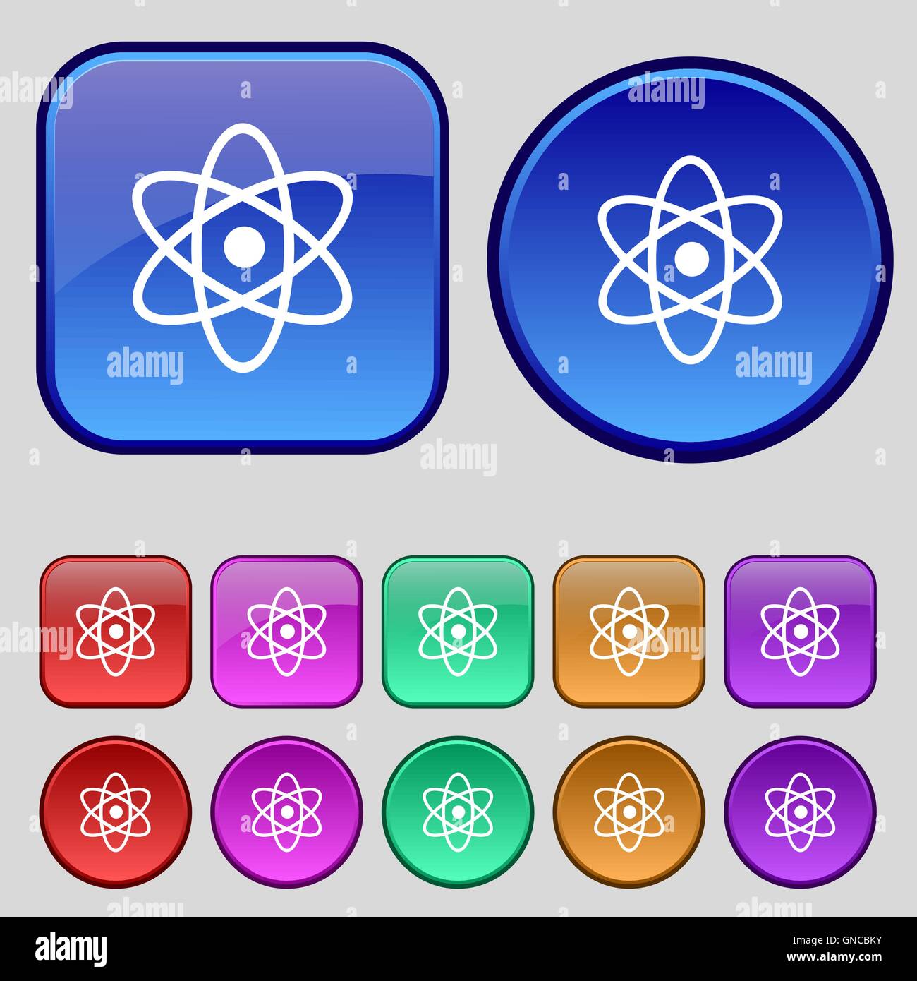 Atom, Physik Symbol Zeichen. Eine Reihe von zwölf Vintage Knöpfe für Ihr Design. Vektor Stock Vektor