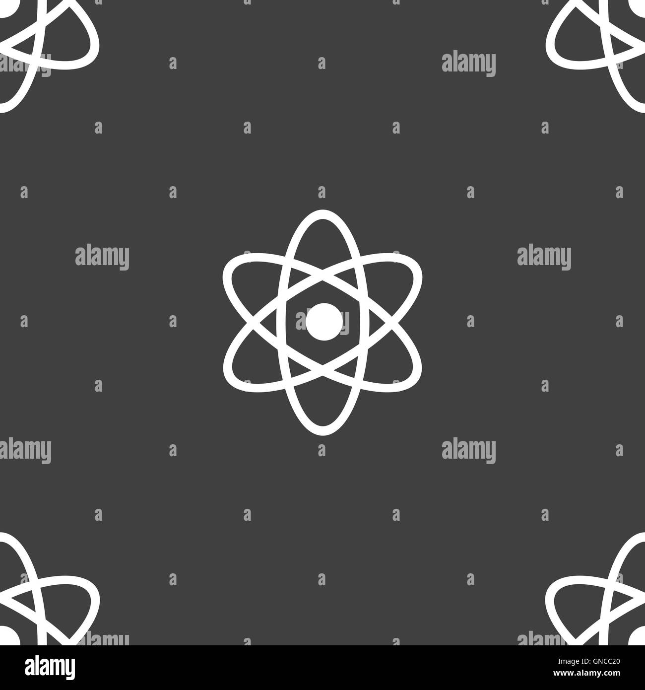 Atom, Physik Symbol Zeichen. Nahtlose Muster auf einem grauen Hintergrund. Vektor Stock Vektor